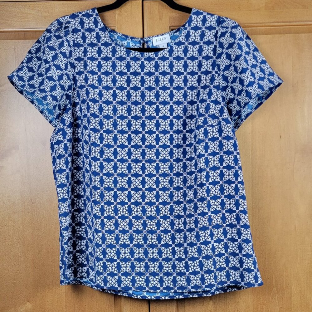 J. Crew Navy Cream Geometric Print Short Sleeve Blouse - S